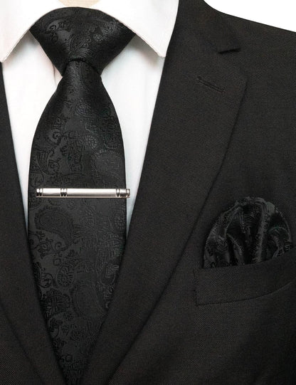 Mens Solid Color Paisley Necktie and Pocket Square with Tie Clip Sets