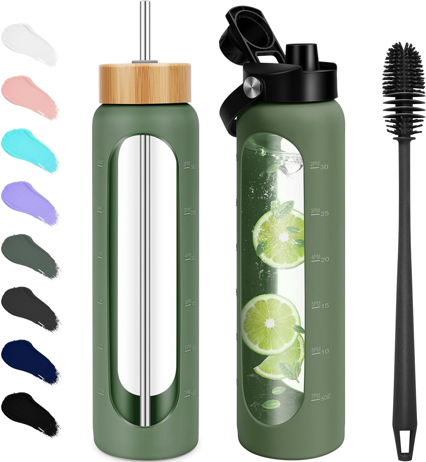 32 Oz Glass Water Bottles - 1 Liter Motivational Tumbler with Time Marker - Borosilicate Glass with Silicone Sleeve and 2 Lids, Handle Spout & Bamboo Straw Lid - WORLD TIME VISITS