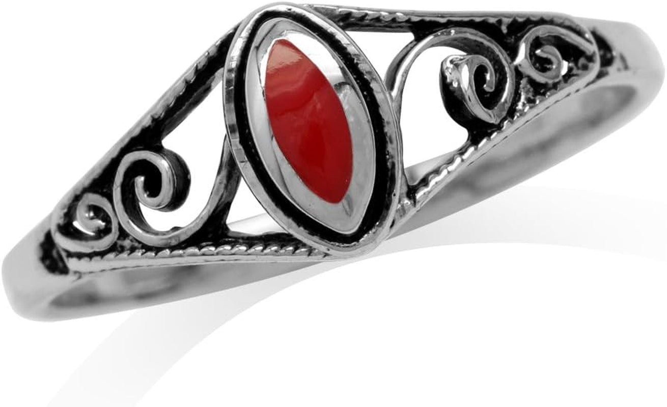 Petite Created Red Coral Inlay 925 Sterling Silver Filigree Swirl and Spiral Style Ring Size 5 - WORLD TIME VISITS