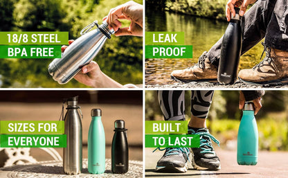 Stainless Steel Water Bottle - 17 Oz, Steel | Vacuum Insulated Double Wall with Screw Lid/Leak Proof | Thermal Travel Sports Canteen Coffee Flask