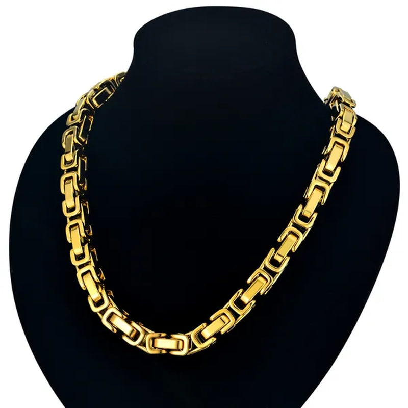 Vintage Silver 18K Gold Plated Chunky Men Titanium Stainless Steel Byzantine Box Necklace Chain XL827