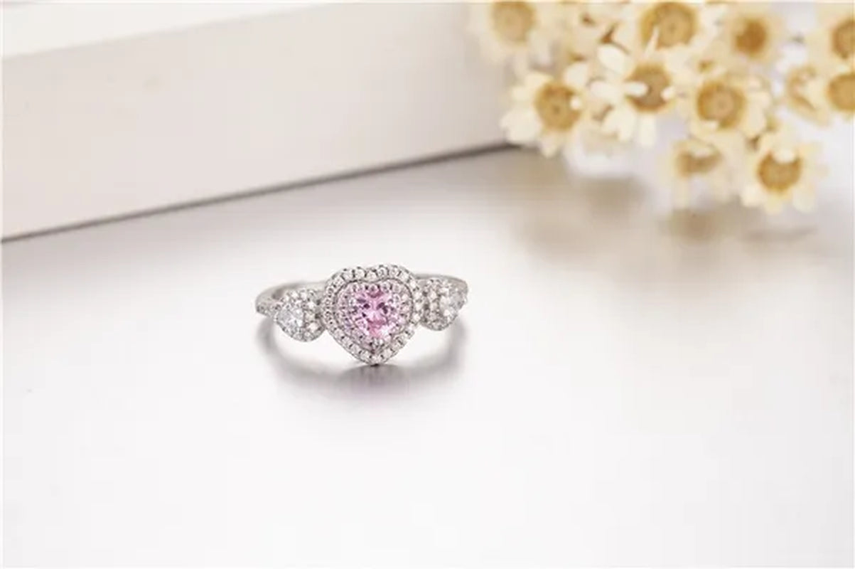 Brand Jewelry 925 Sterling Silver Rings Finger Heart Pink 2Ct Sona Diamond Pave Setting CZ 2 Surround Wedding Ring for Women