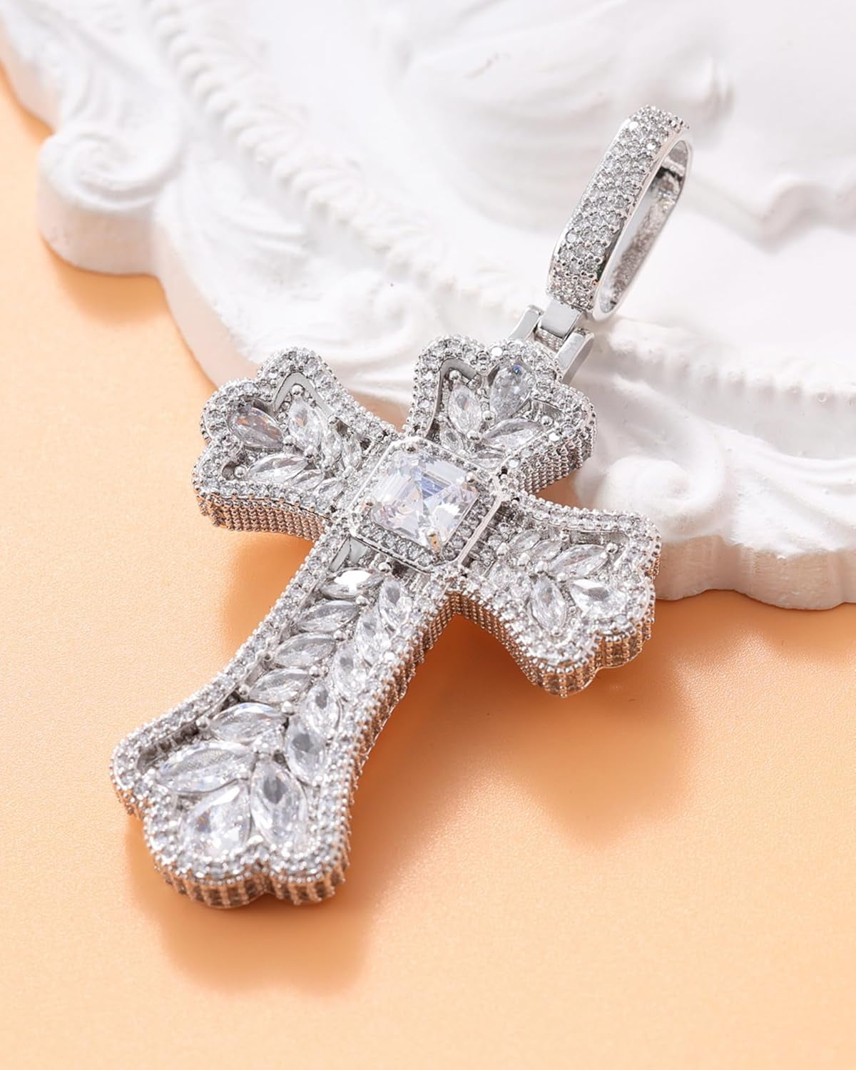 Gothic Colorful Iced Out Cross Pendant with 20" Stainless Steel Rope Chain, Heavyweight Oversized Design, 14K Gold Plated, 5A CZ Stones, Hip-Hop Religious Jewelry for Men & Women