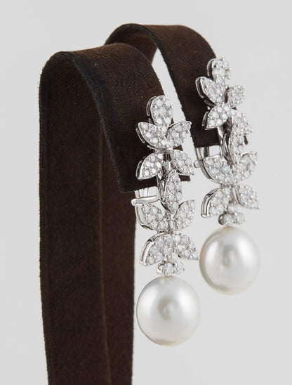 Classic Diamond Pearl 18K White Gold Dangle Drop Earrings