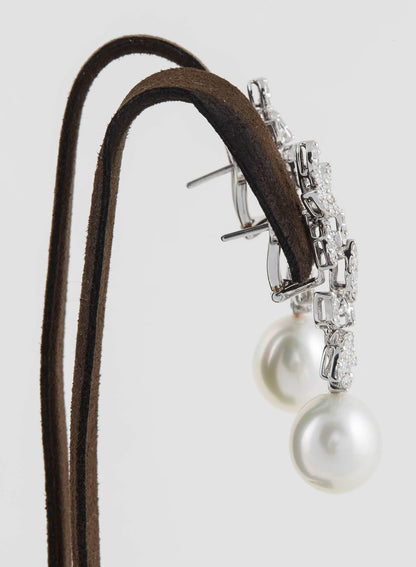 Classic Diamond Pearl 18K White Gold Dangle Drop Earrings