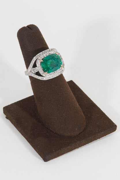 Vivid Green Cushion Cut Emerald and Diamond Platinum Cocktail Ring