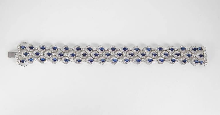 Stunning 18k White Gold Three Row Blue Sapphire Diamond Bracelet