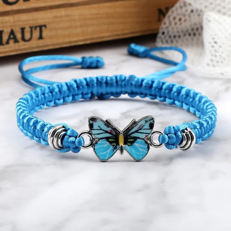 Women Black Woven Rope Bracelet Handmade Multicolor Butterfly Charm Adjustable Bracelets Fashion Friendship Jewelry Girls Gift