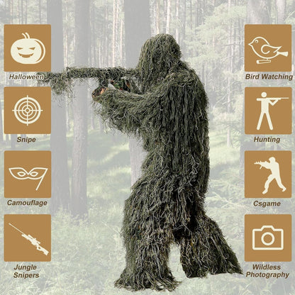 5 in 1 Ghillie Suit, 3D Camouflage Hunting Apparel W/Jacket, Pants, Hood, Carry Bag for Adults/Youth, S/M/L/XL/XXL