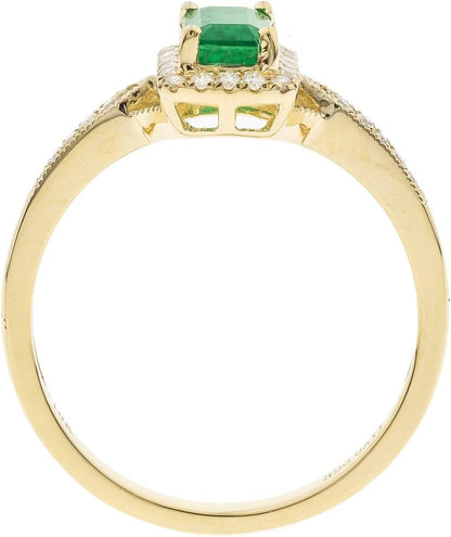 10K Yellow Gold Natural Zambian Emerald Ring with Natural Diamonds for Women | Ethically, Authentically & Organically Sourced Emerald-Shape Emerald Hand-Crafted Jewelry for Her | Emerald Ring for Women
