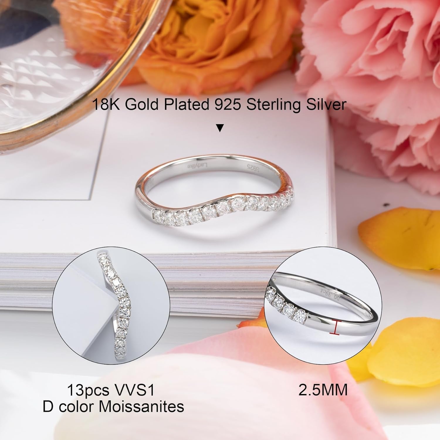 Curved Moissanite Wedding Band 0.39Ct D Color VVS1 Lab Created Half Eternity 925 Sterling Silver Guard Enhancer Stackable Rings for Women - WORLD TIME VISITS