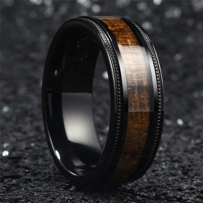 Luxury Jewelry Accessories Plus Size Mens Ring 8mm 316L Stainless Steel Wedding Ring Inlay Koa Wood Sawtooth Edge Titanium Steel Rings for Men