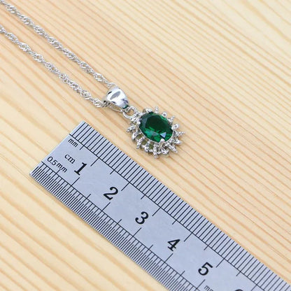 Natural Green Cubic Zirconia 925 Sterling Silver Jewelry Sets for Women Engagement Earrings Ring Pendant Necklace Set