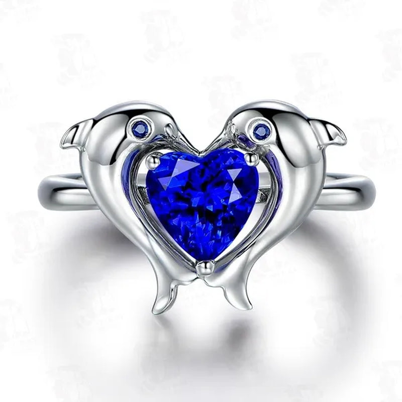 Fashion Women Ring Female Diamond Sapphire Crystal Dolphin Heart Shape Wedding Jewelry 925 Sterling Silver Wild Couple Ring - WORLD TIME VISITS