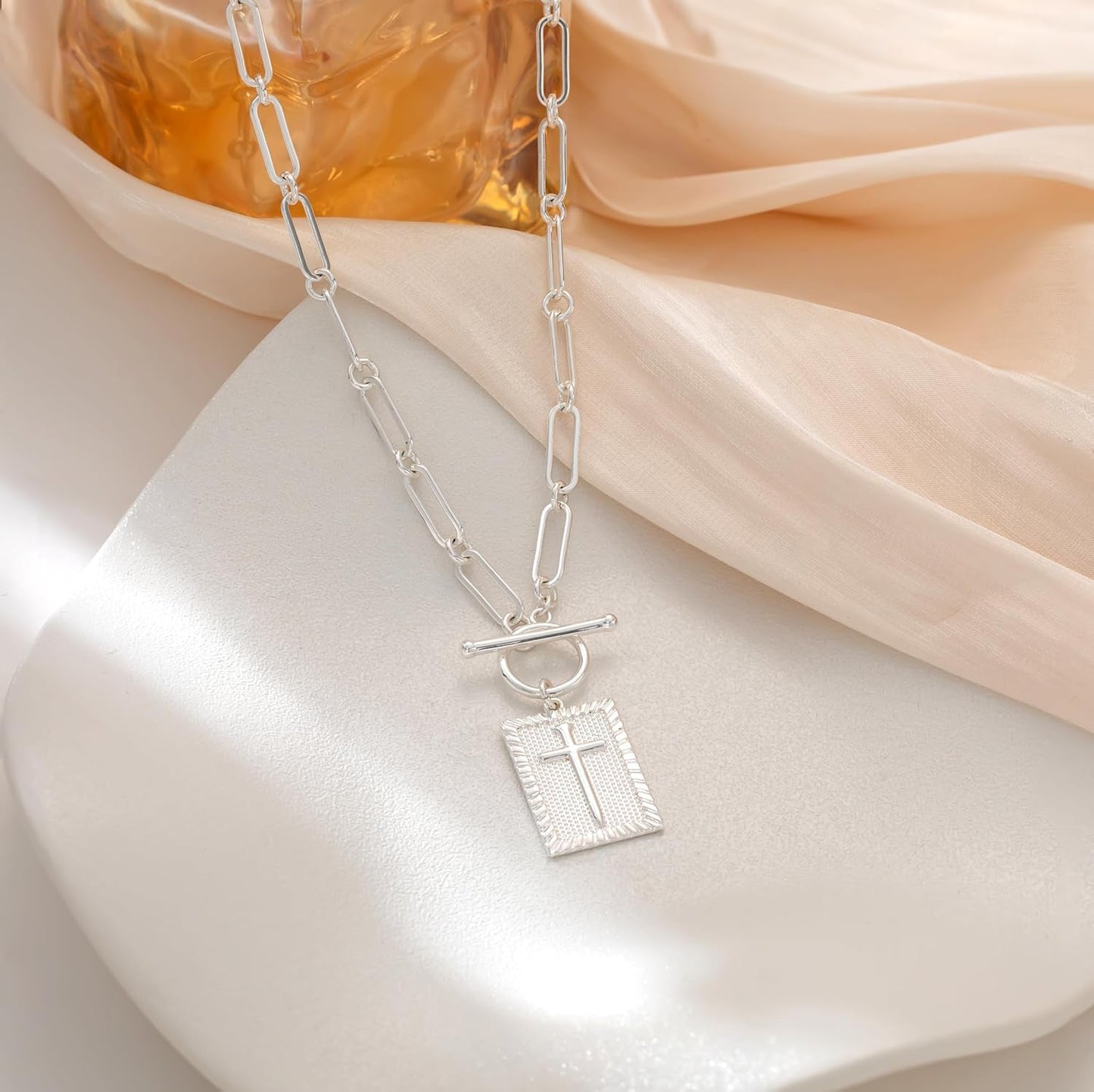 14K Gold Plated/Silver Plated Cross Necklace for Women Trendy Chunky Cross Pendant Necklace Toggle Clasp Paperclip Box Chain Charm Necklaces for Women Jewelry Gift Christian Religious Baptism