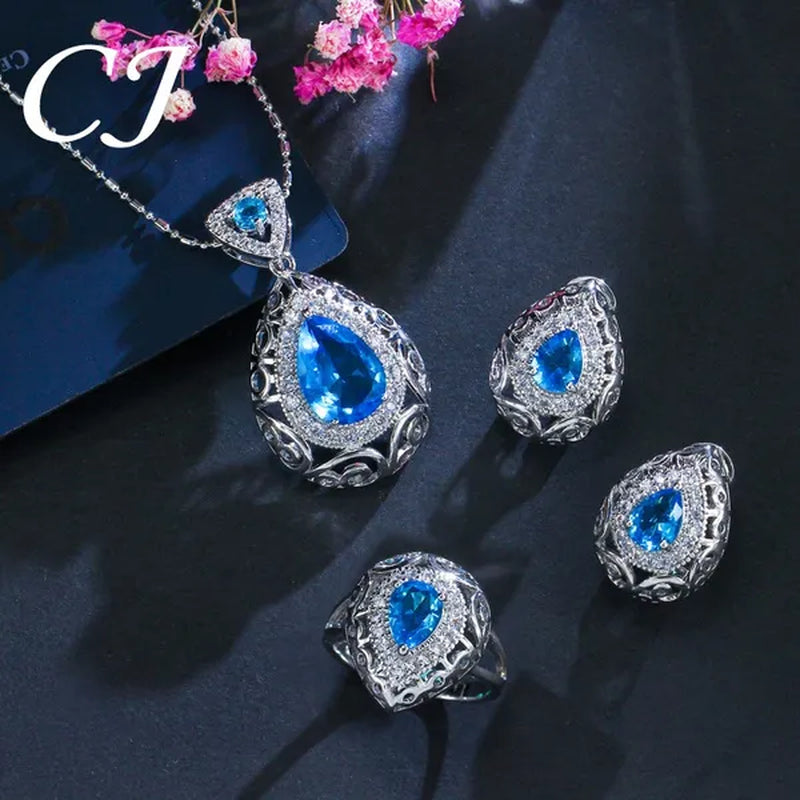 CANDICE Elegant Stamp Sterling Silver Plated Women Jewelry Set Pear Drop Red Cubic Zirconia Necklace Earring Ring 3pcs Sets