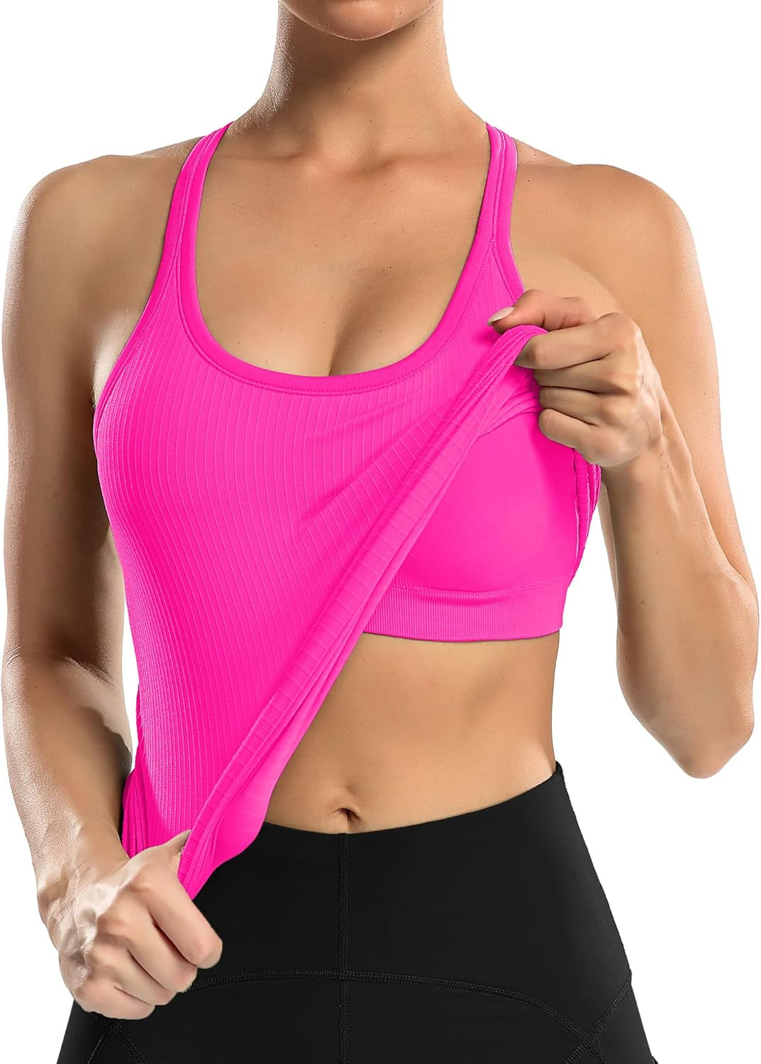 Ribbed Workout Tank Tops for Women with Built in Bra Tight Racerback Scoop Neck Athletic Top