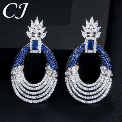 CANDICE Luxury Jewelry Setting Blue Cubic Zircon Silver Plated Statement Trendy Hollow Carved Earrings for Women Brincos