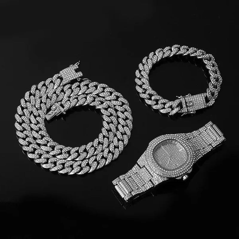 Fashion Gold Stainless Steel Hip Hop Jewelry Iced Out Diamond Thick Miami Cuban Link Chain Necklace Bracelet Watch Ring Jewelry Set
