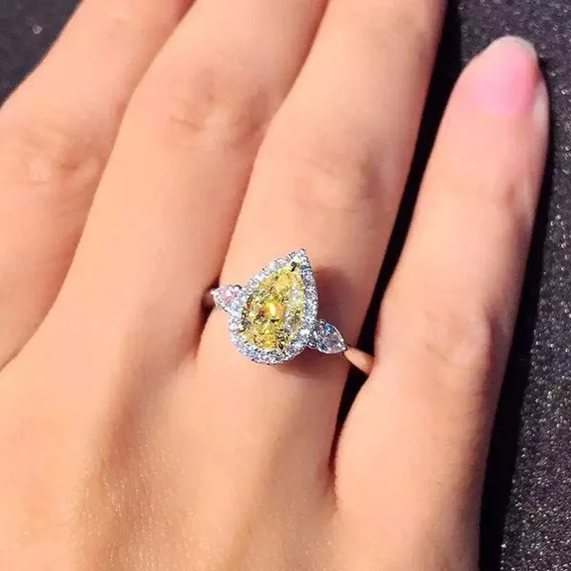 Women Fashion Silver Plated Teardrop Citrine Lab Diamond Wedding Engagement Ring for Women Natural Gemstones Jewelry Ring Size 6-10
