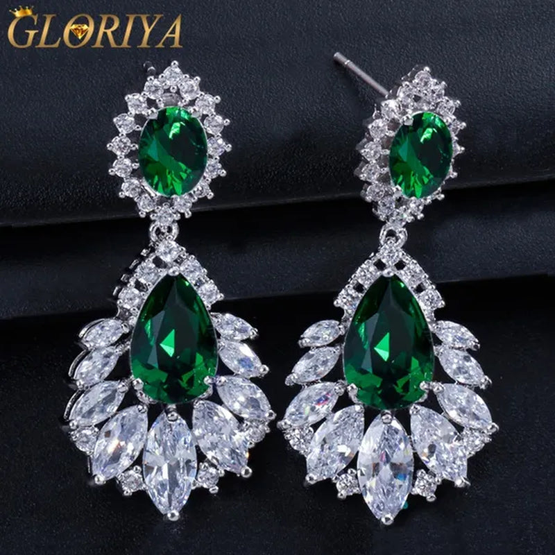 Gloriya Vintage Exquisite Marquise Silver Plated Jewelry Tear Drop Green Wedding Long Hanging Earrings with CZ Zirconia for Bride