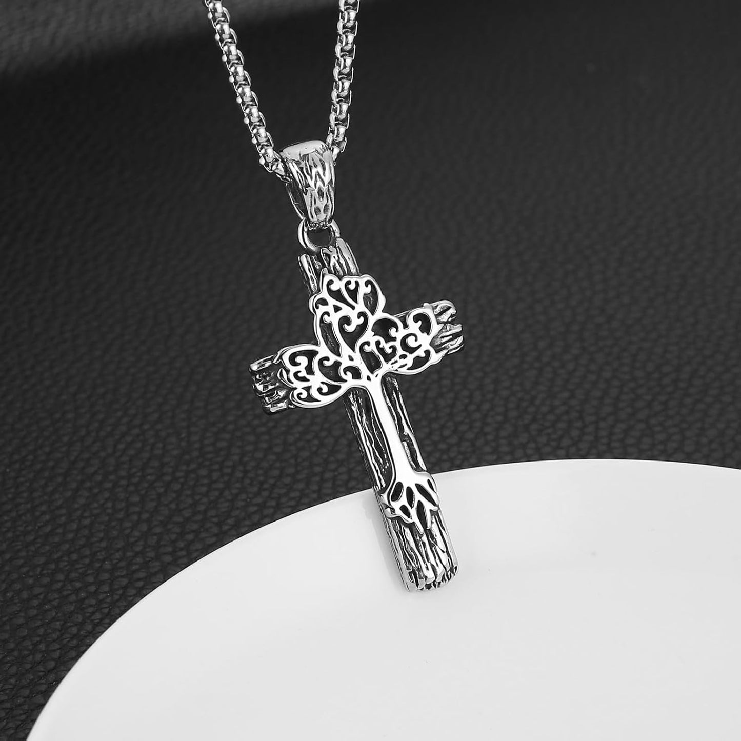 Retro Cross Necklace for Men Stainless Steel Tree of Life Cross Pendant Necklace Spiritual Belief Amulet Jewelry Gift