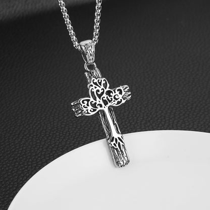 Retro Cross Necklace for Men Stainless Steel Tree of Life Cross Pendant Necklace Spiritual Belief Amulet Jewelry Gift