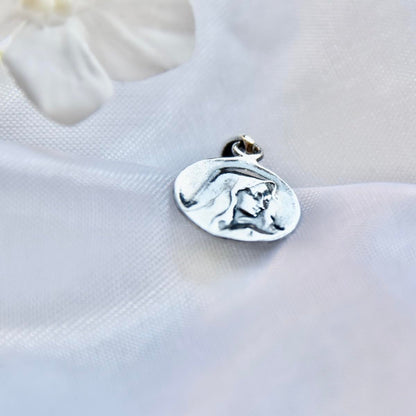 Small Mother of God Pendant Sterling Silver 925 Saint Mary Religious Necklace round Charm Jewelry