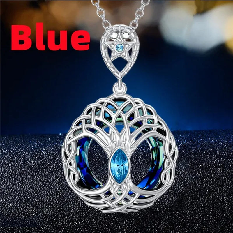 European and American Fashion Women Celtic Life Tree Crystal Pendant Necklace 925 Sterling Silver Star round Sapphire Necklace Anniversary Party Birthday Gifts for Daughte