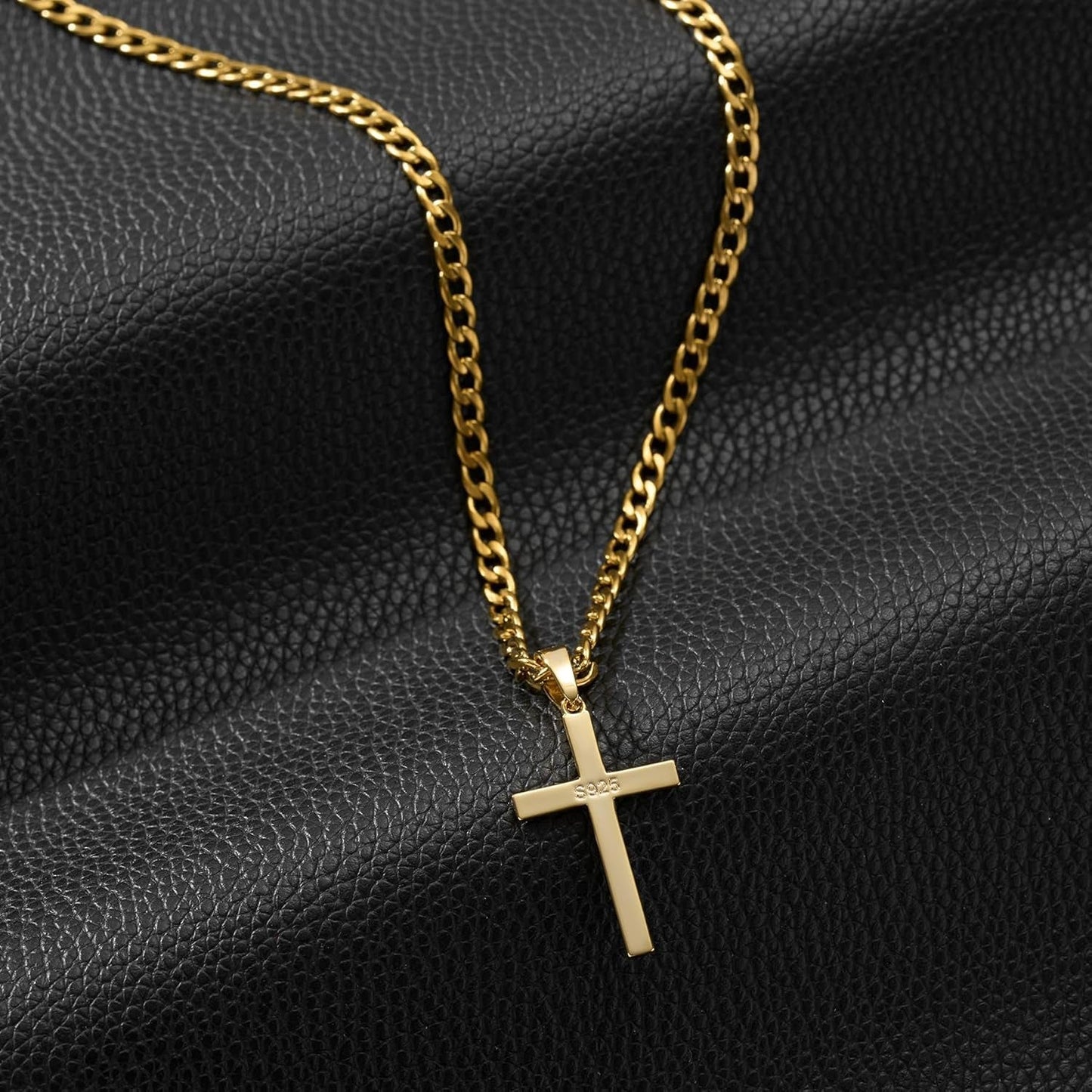18K Gold over 925 Sterling Silver Cross Necklace for Men/Women, Stainless Steel Cuban/Rope Chain Cross Pendant 18-24 Inch, Religious Jewelry Gifts for Men