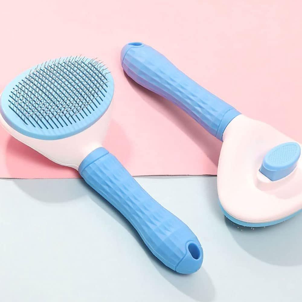 Self-Cleaning Slicker Brush for Pet Grooming, Smooth Handle with Cleaning Button for Cat and Dog Shedding, Massage and Detangling (Blue)