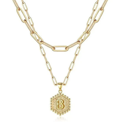 Dainty Layered Initial Necklaces for Women, 14K Gold Plated Paperclip Chain Necklace Simple Cute Hexagon Letter Pendant Initial Choker Necklace Gold Layered Necklaces for Women