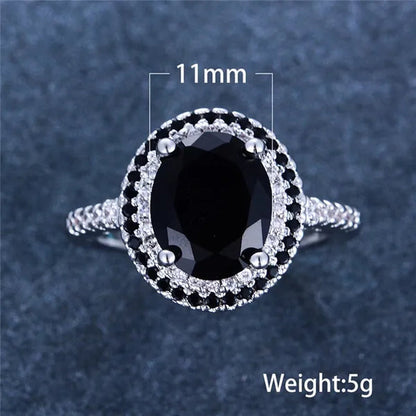 Luxury Oval Cut Black Sapphire White Diamond CZ Ring 925 Silver Solitaire Ring Engagement Wedding Gift for Women