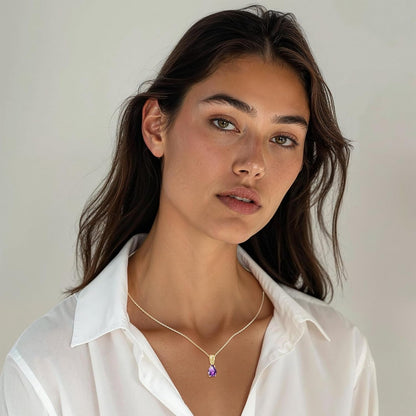 14K Gold Plated Amethyst Necklace for Women - February Birthestone Teardrop Necklace - Gold Jewelry for Women - Dainty Gold Necklace - Everyday Necklaces - Gold Necklaces for Women - WORLD TIME VISITS