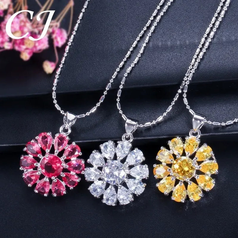 CANDICE BLUE Zirconia Stone Flower Stud Earrings Necklace Ring Fashion Sterling Silver Plated Jewelry for Christmas Party