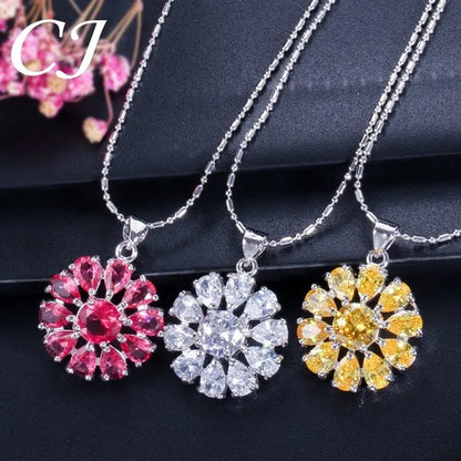 CANDICE BLUE Zirconia Stone Flower Stud Earrings Necklace Ring Fashion Sterling Silver Plated Jewelry for Christmas Party