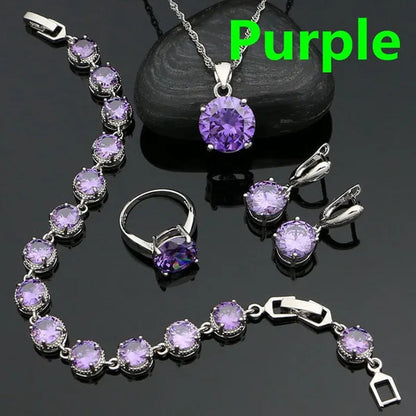 925 Sterling Silver Bridal Jewelry Sets Green Emerald Drop Earrings Ring Pendant Necklace Bracelet 4Pcs Birthday Gift for Women