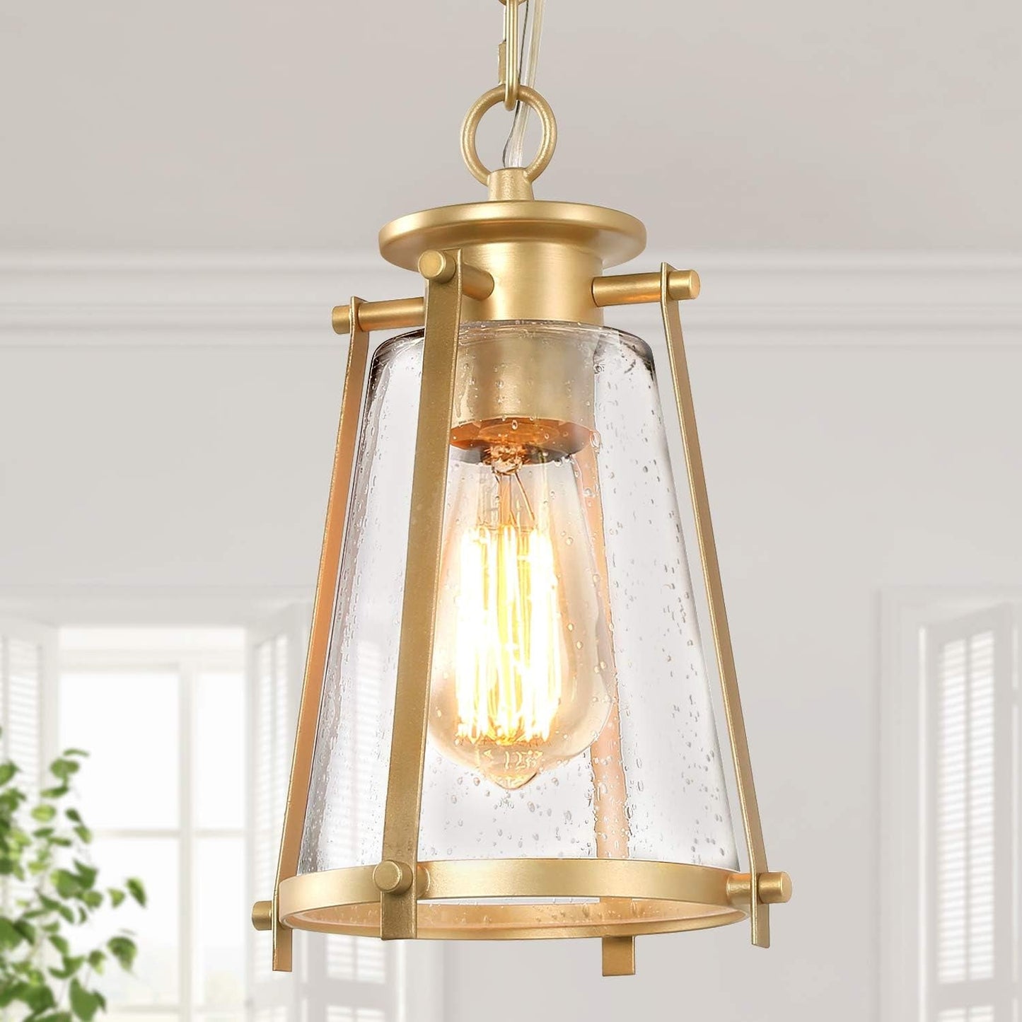 Gold Pendant Lighting for Kitchen Island, Hanging Brass Light Fixtures with Seeded Glass for Dining Room, Foyer
