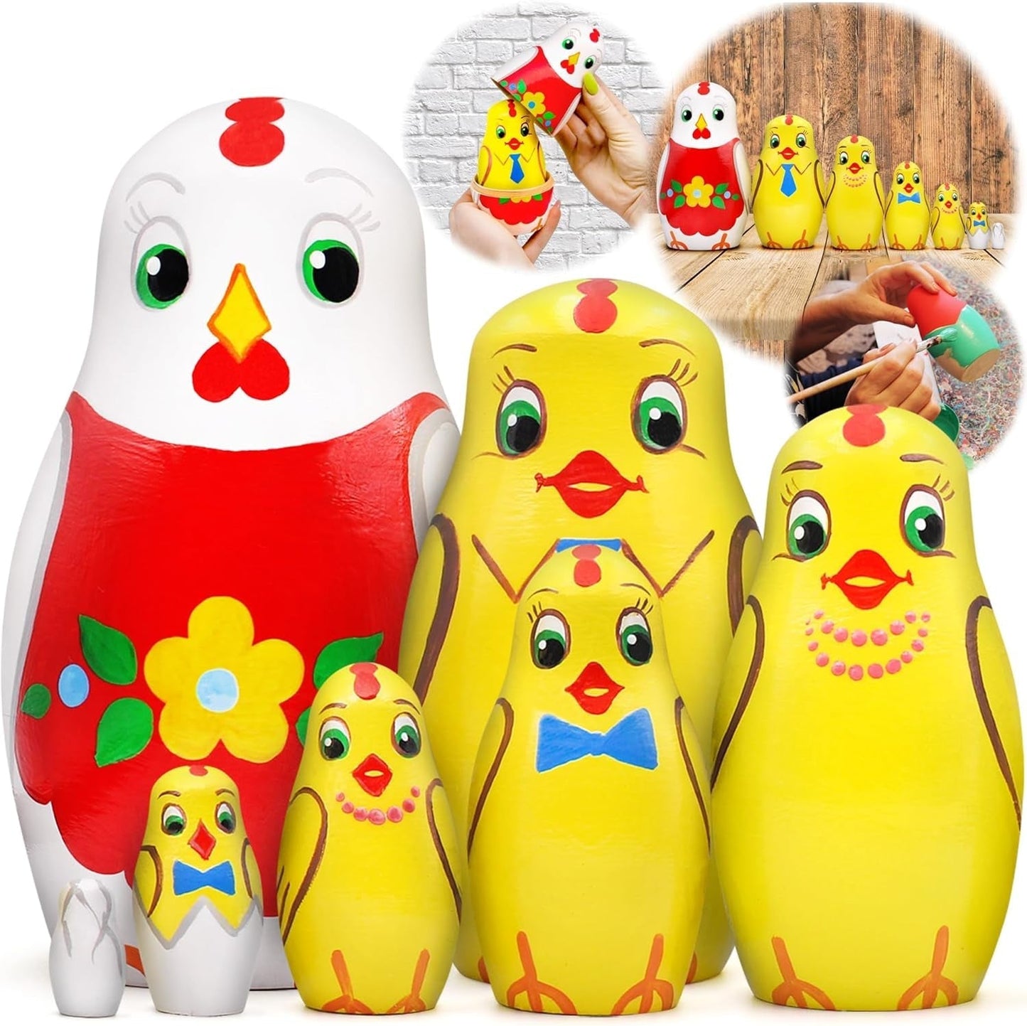 Chicken Nesting Dolls Set of 7 Pcs - Matryoshka Russian Doll - Chicken Decor - Easter Nesting Dolls