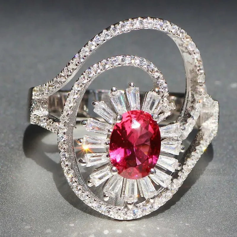 Gorgeous Silver Natural Gemstones Ruby Wedding Birthstone Bride Engagement Multilevel Oval Leaf Ring Jewelry Size 6 7 8 9 10