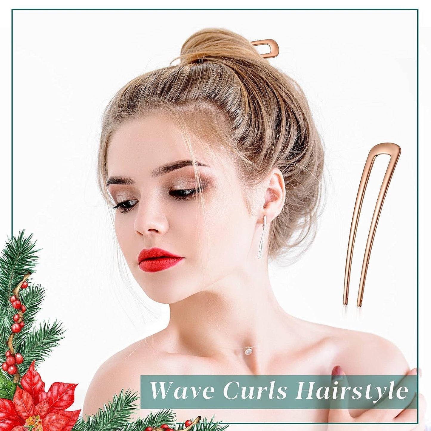6 Pieces Hair Pins Simple Metal U Shaped French Gold Hair Fork Sticks 2 Prong Updo Chignon Pins for Women Lady Buns Accessories(Rose Gold)