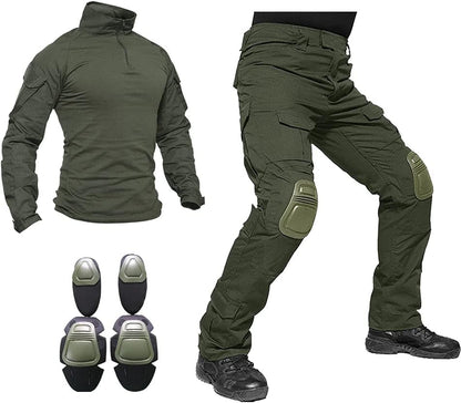 Mens Tactical Military Suits Long Sleeve Rip-Stop Uniforms Combat Shirt and Pants Elbow Knee Pads