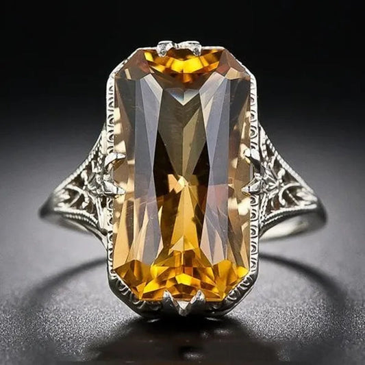 Vintage 925 Silver Plated Ring Baguette Emerald Cut Lemon Yellow Citrine Retro Hollow CZ Jewelry Birthday Proposal Gift Antique Engagement Party Band Rings for Women Bride Size 6 - 10