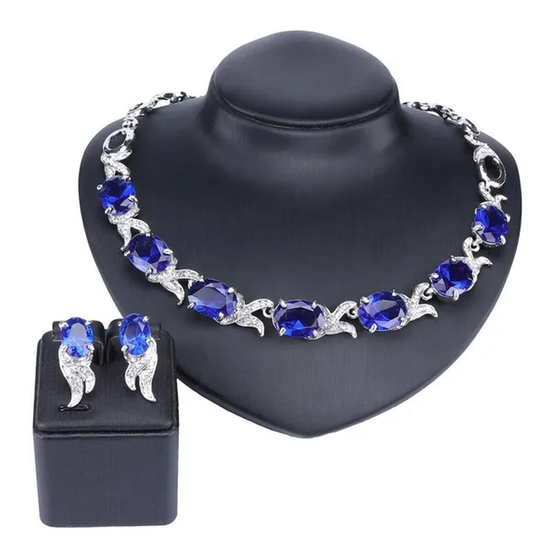 Fashion Women Zircon Rhinestone Necklace Earring Silver Plated Wedding Party Dress Jewelry Sets