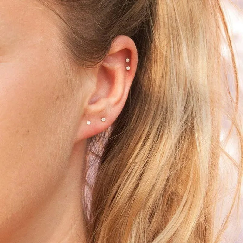 3 Pairs of 925 Sterling Silver Women'S Ear Studs Cubic Zirconia Ear Studs Cartilage Ear Rings Gold Plated Earscreen Spiral Perforation