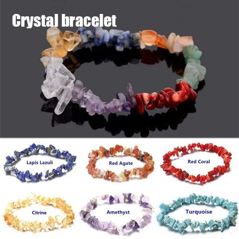 Natural Crystal Chakras Bracelet Natural Gemstone Chips Jewelry Bracelet Amethyst Red Agate Carnelian White Crystal Turquoise Citrine Bracelet (Adjustable Size)