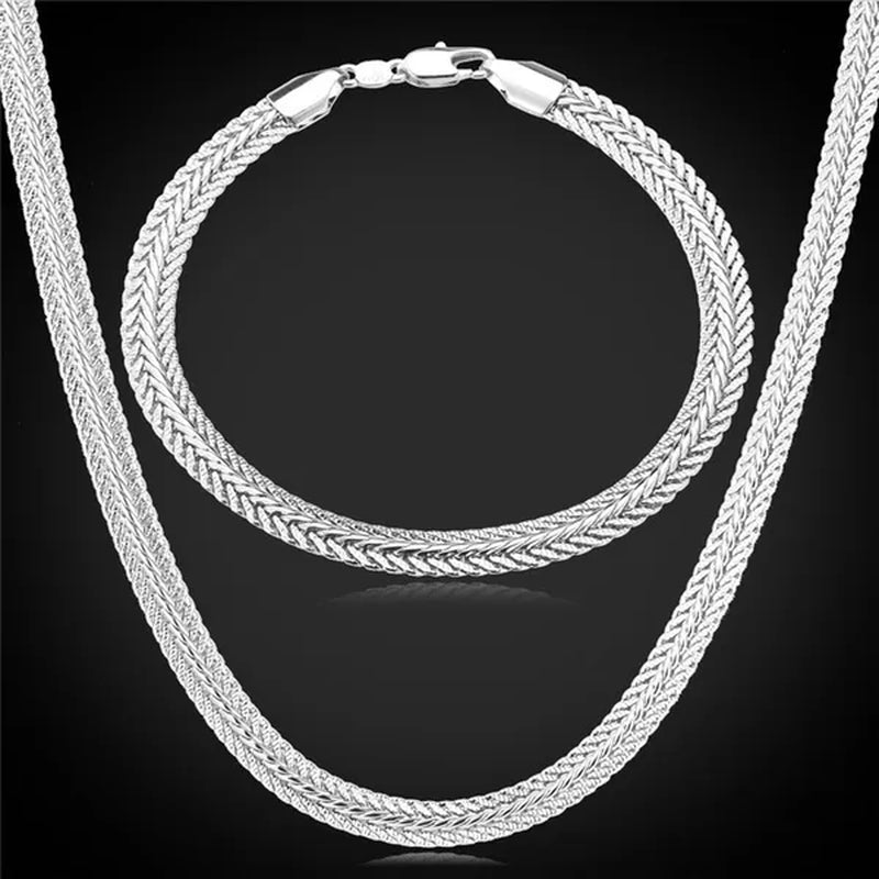 FASHION 925 Sterling Silver Men Party Jewelry Men's Foxtail Chain Necklace Bracelet Jewelry Set - WORLD TIME VISITS