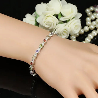 CANDICE Brilliant Square Multicolor Cubic Zirconia Crystal Pave Sterling Silver Plated Fashion Tennis Bracelet for Women Summer Jewelry