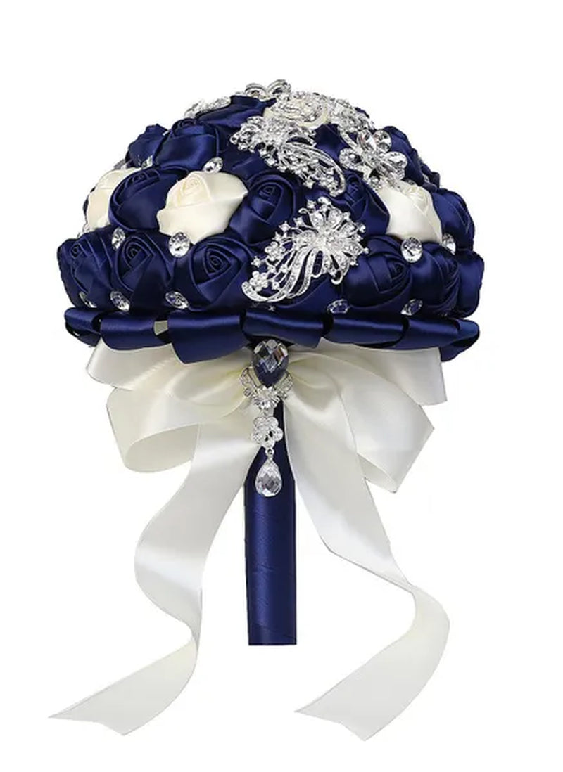 21CM Silver Rhinestone Bridal Hand Flowers Ribbon Wedding Hand Bouquet Mixed Color Silk Rose Diamond Brooch Bridesmaid Bouquet Wedding Supplies