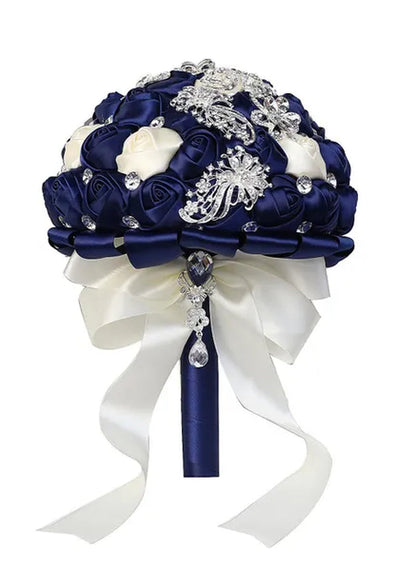 21CM Silver Rhinestone Bridal Hand Flowers Ribbon Wedding Hand Bouquet Mixed Color Silk Rose Diamond Brooch Bridesmaid Bouquet Wedding Supplies